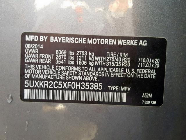5UXKR2C5XF0H35385 - 2015 BMW X5 SDRIVE3 GRAY photo 10
