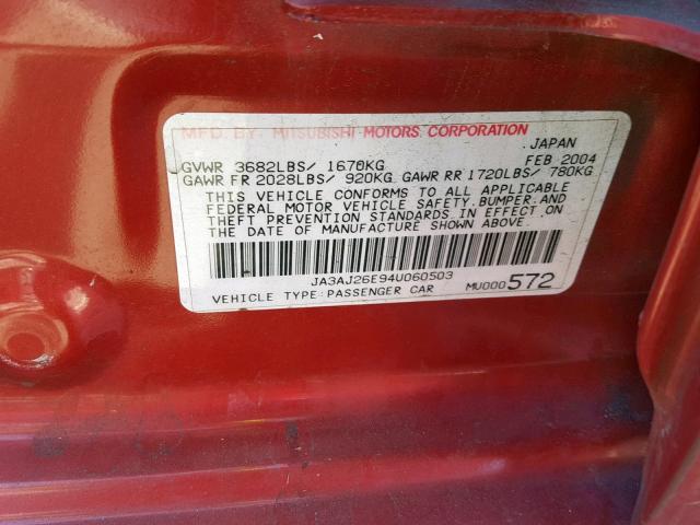 JA3AJ26E94U060503 - 2004 MITSUBISHI LANCER ES RED photo 10