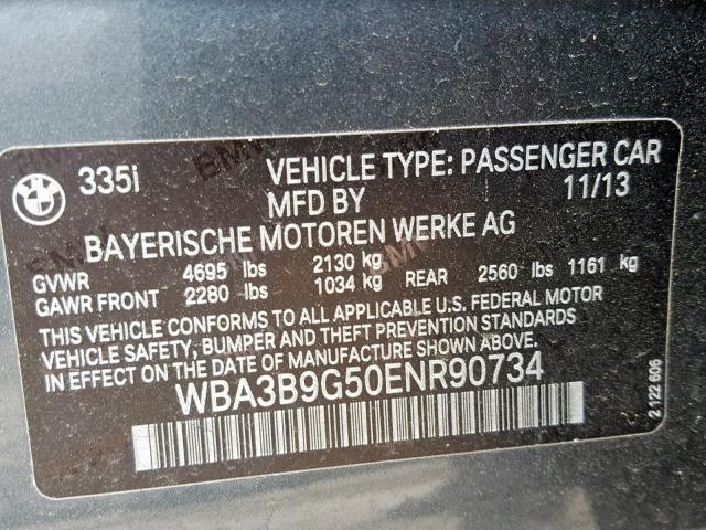 WBA3B9G50ENR90734 - 2014 BMW 335 XI GRAY photo 10