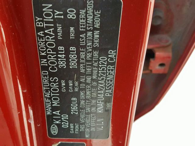 KNAFU4A2XA5215120 - 2010 KIA FORTE EX RED photo 10