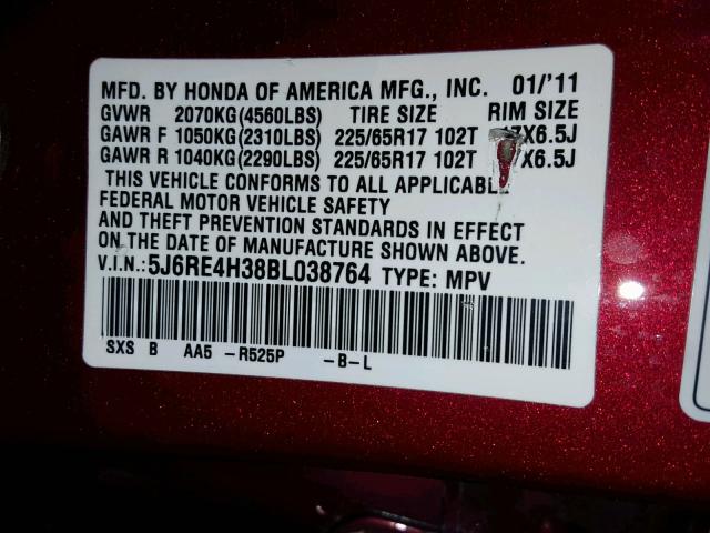 5J6RE4H38BL038764 - 2011 HONDA CR-V LX RED photo 10