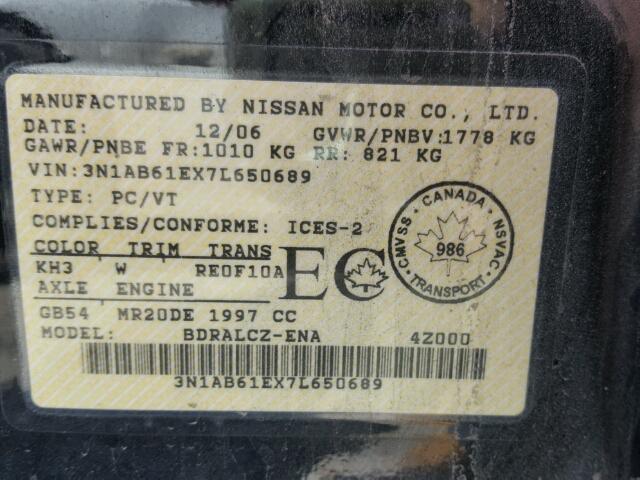 3N1AB61EX7L650689 - 2007 NISSAN SENTRA 2.0 BLACK photo 10