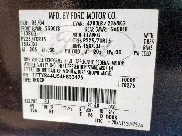 1FTYR44U54PB33475 - 2004 FORD RANGER SUP BLACK photo 10