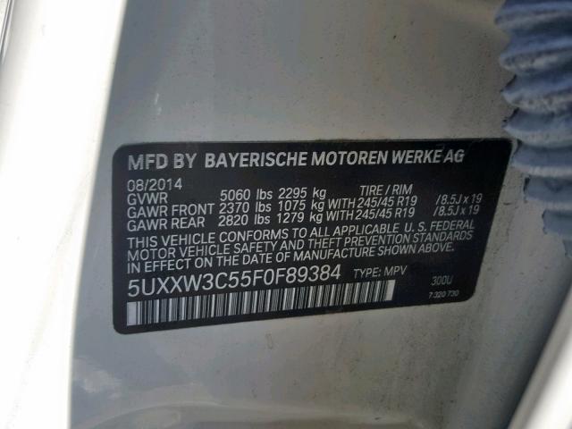 5UXXW3C55F0F89384 - 2015 BMW X4 XDRIVE2 WHITE photo 10