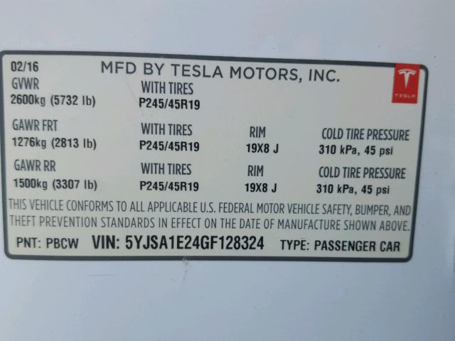 5YJSA1E24GF128324 - 2016 TESLA MODEL S თეთრი ფოტო 10