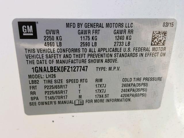 1GNALBEK0FZ127747 - 2015 CHEVROLET EQUINOX LT WHITE photo 10