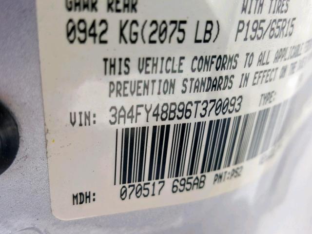 3A4FY48B96T370093 - 2006 CHRYSLER PT CRUISER SILVER photo 10