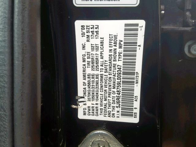 5J6RE48759L009347 - 2009 HONDA CR-V EXL BLACK photo 10