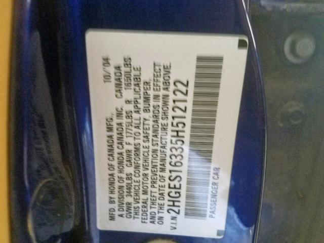 2HGES16335H512122 - 2005 HONDA CIVIC DX V BLUE photo 10