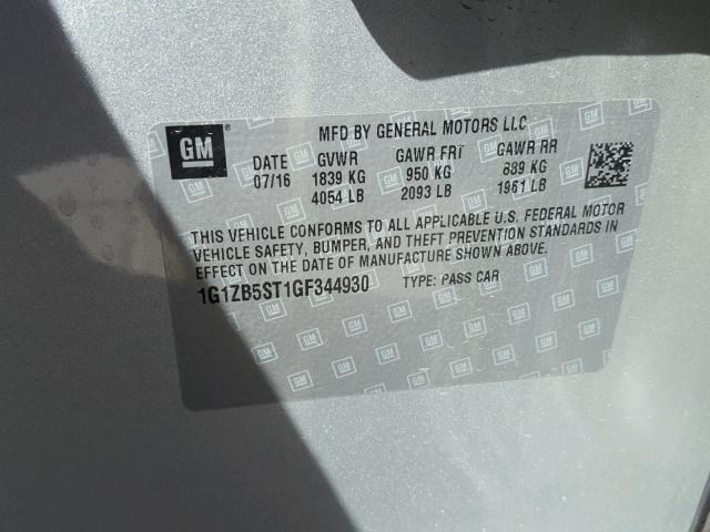 1G1ZB5ST1GF344930 - 2016 CHEVROLET MALIBU LS SILVER photo 10