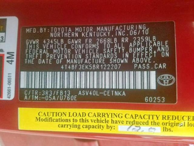 4T4BF3EK5BR122207 - 2011 TOYOTA CAMRY BASE RED photo 10
