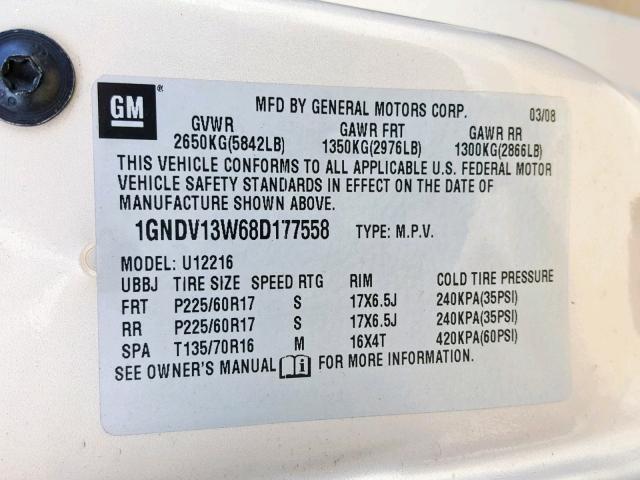 1GNDV13W68D177558 - 2008 CHEVROLET UPLANDER TAN photo 10