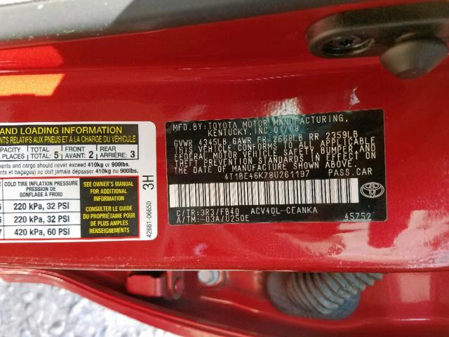 4T1BE46K78U261197 - 2008 TOYOTA CAMRY CE RED photo 10