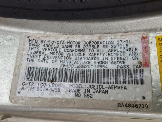 JTHBD192620034954 - 2002 LEXUS IS 300 GRAY photo 10