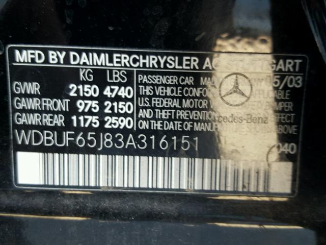 WDBUF65J83A316151 - 2003 MERCEDES-BENZ E 320 BLACK photo 10