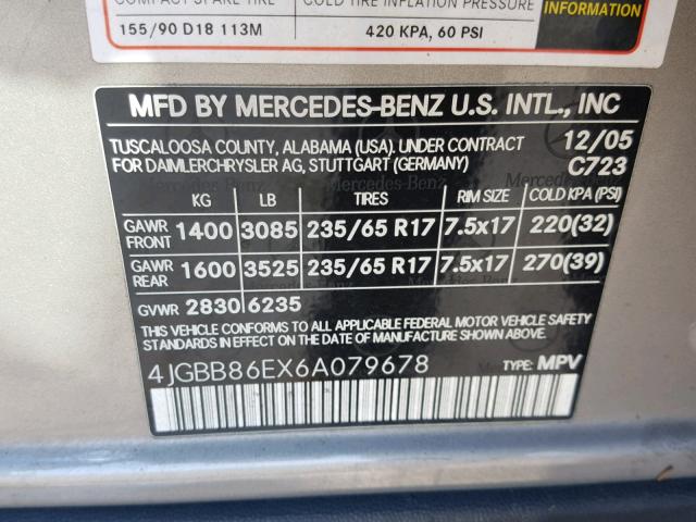 4JGBB86EX6A079678 - 2006 MERCEDES-BENZ ML 350 SILVER photo 10