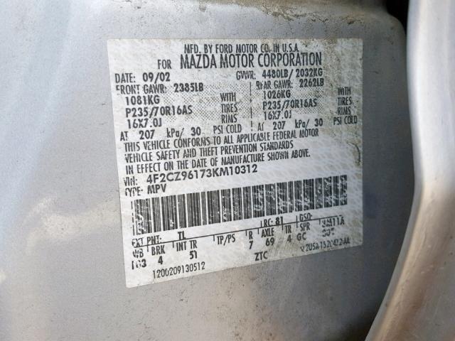 4F2CZ96173KM10312 - 2003 MAZDA TRIBUTE ES 银色 照片 10