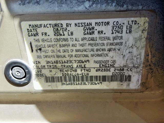 3N1AB51A23L730649 - 2003 NISSAN SENTRA SE- GOLD photo 10