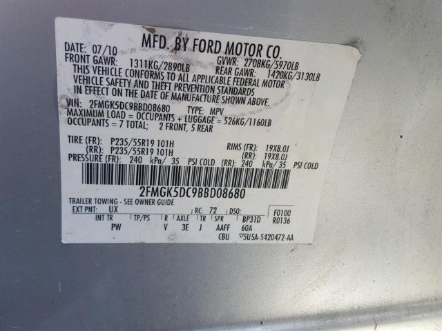 2FMGK5DC9BBD08680 - 2011 FORD FLEX LIMIT SILVER photo 10