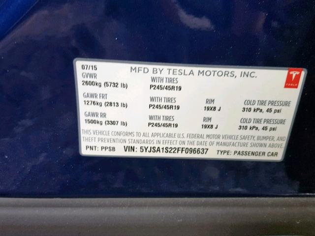 5YJSA1S22FF096637 - 2015 TESLA MODEL S 70 BLUE photo 10