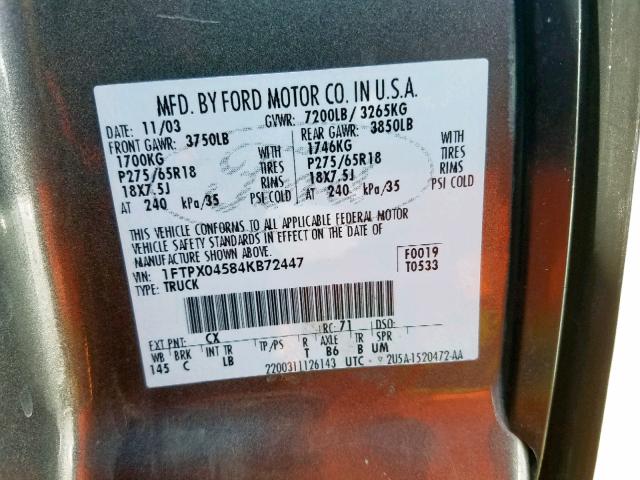 1FTPX04584KB72447 - 2004 FORD F150 GRAY photo 10