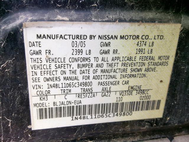 1N4BL11D65C349800 - 2005 NISSAN ALTIMA SE BLACK photo 10