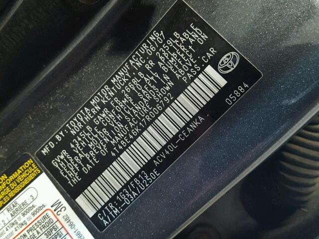 4T4BE46K17R006792 - 2007 TOYOTA CAMRY NEW GRAY photo 10