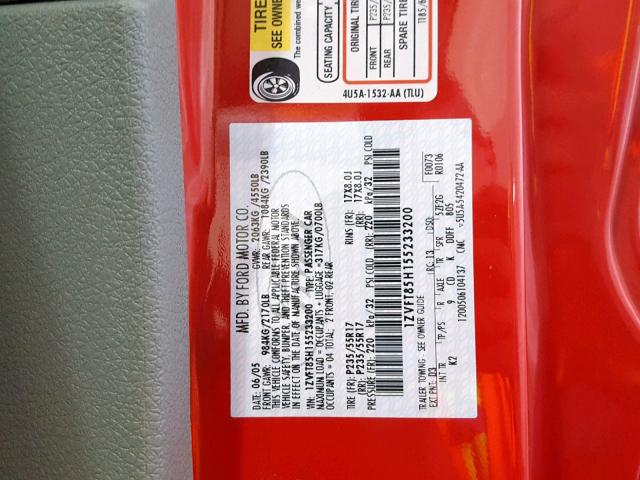 1ZVFT85H155233200 - 2005 FORD MUSTANG GT RED photo 10