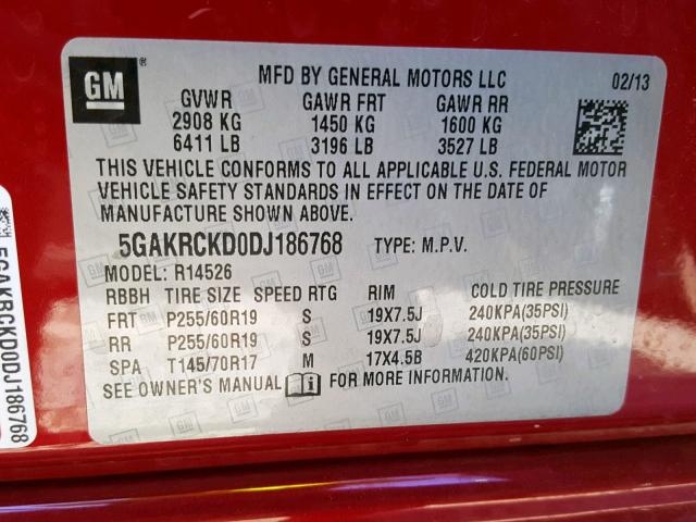 5GAKRCKD0DJ186768 - 2013 BUICK ENCLAVE RED photo 10