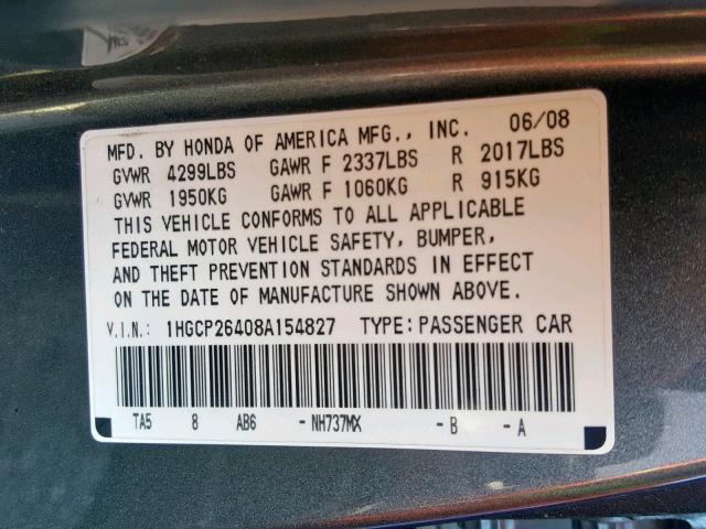 1HGCP26408A154827 - 2008 HONDA ACCORD LXP GRAY photo 10