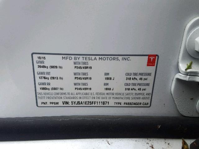 5YJSA1E25FF111871 - 2015 TESLA MODEL S SILVER photo 10