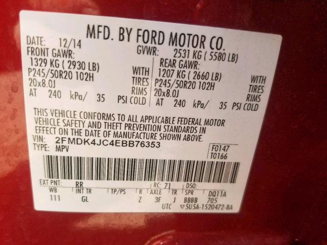 2FMDK4JC4EBB76353 - 2014 FORD EDGE SEL RED photo 10