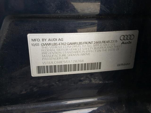 WAULC68E54A128268 - 2004 AUDI A4 1.8T QU BLUE photo 10