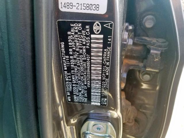 VNKKTUD39HA080407 - 2017 TOYOTA YARIS L GRAY photo 10