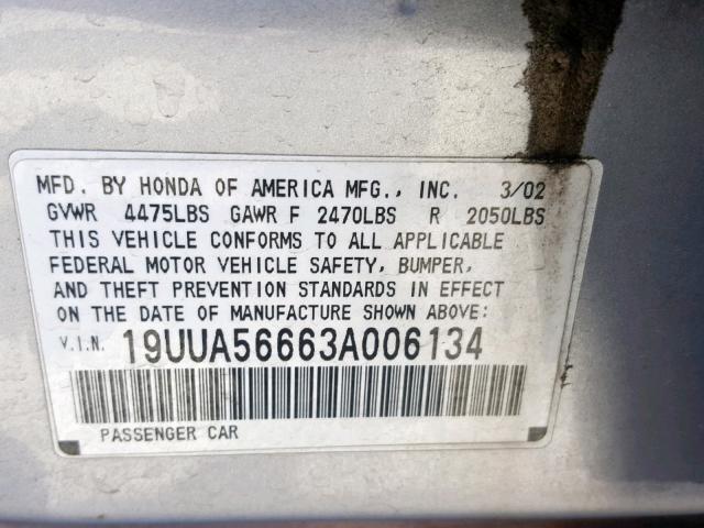 19UUA56663A006134 - 2003 ACURA 3.2TL SILVER photo 10