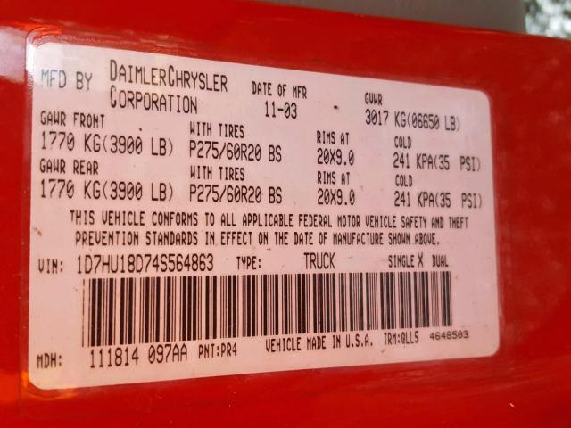 1D7HU18D74S564863 - 2004 DODGE RAM 1500 S RED photo 10