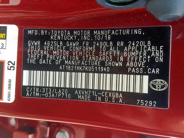 4T1B21HK7KU511940 - 2019 TOYOTA CAMRY HYBR RED photo 10