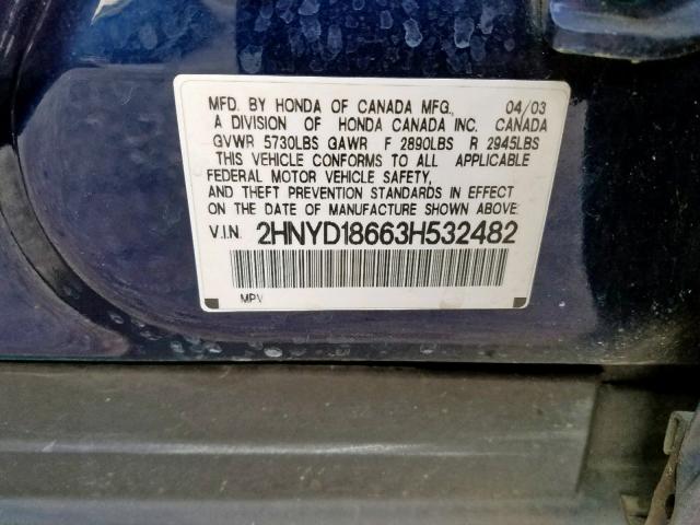 2HNYD18663H532482 - 2003 ACURA MDX TOURIN BLUE photo 10