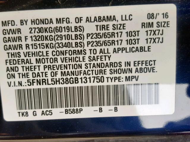 5FNRL5H38GB131750 - 2016 HONDA ODYSSEY SE BLUE photo 10