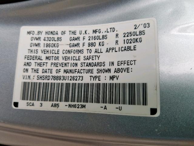 SHSRD78893U126273 - 2003 HONDA CRV SILVER photo 10