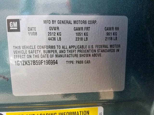 1G1ZK57B59F196994 - 2009 CHEVROLET MALIBU LTZ ტალღისფერი ფოტო 10