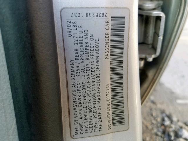 WVWVD63B83E072145 - 2003 VOLKSWAGEN PASSAT GLS SILVER photo 10