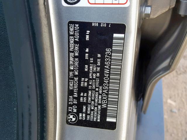 WBXPA93404WA63736 - 2004 BMW X3 3.0I GRAY photo 10