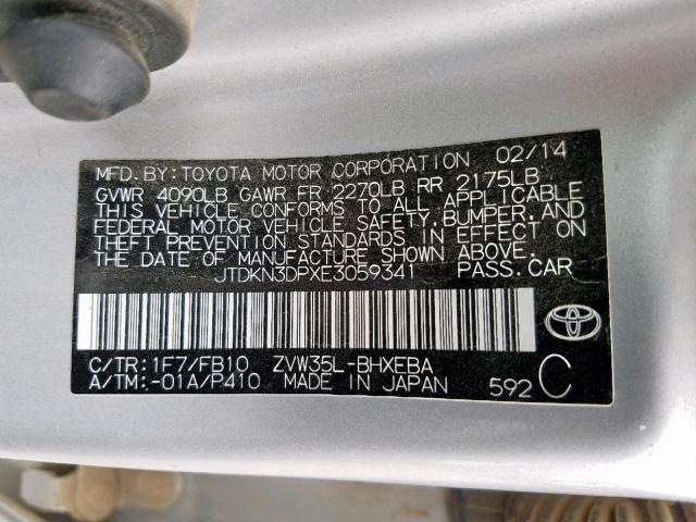 JTDKN3DPXE3059341 - 2014 TOYOTA PRIUS PLUG SILVER photo 10