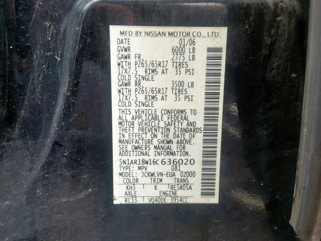 5N1AR18W16C636020 - 2006 NISSAN PATHFINDER BLACK photo 10