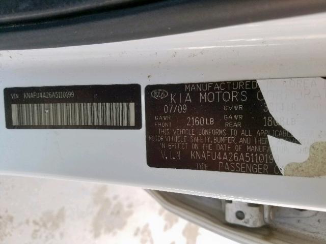 KNAFU4A26A5110199 - 2010 KIA FORTE EX WHITE photo 10