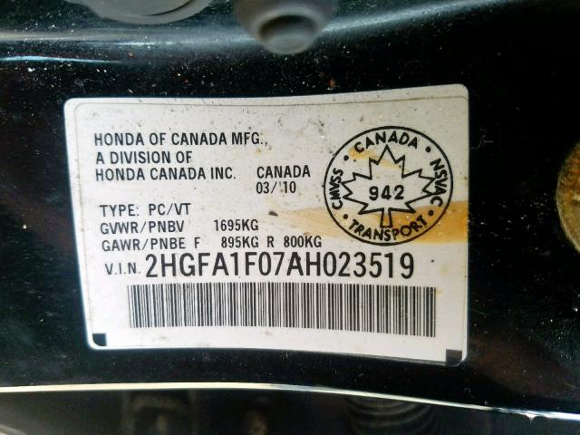 2HGFA1F07AH023519 - 2010 HONDA CIVIC EXL 黑色 照片 10