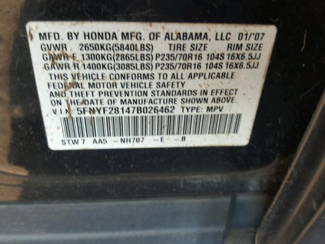 5FNYF28147B026462 - 2007 HONDA PILOT LX BLACK photo 10