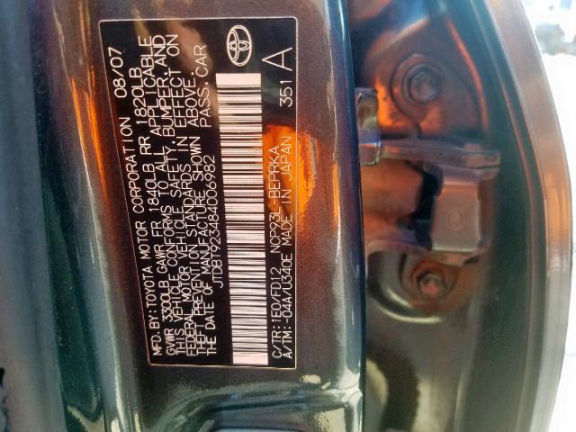 JTDBT923484006982 - 2008 TOYOTA YARIS BLACK photo 10