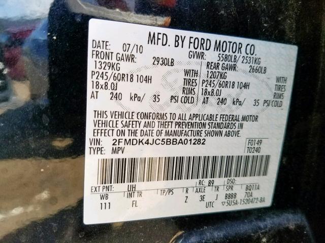 2FMDK4JC5BBA01282 - 2011 FORD EDGE SEL BLACK photo 10